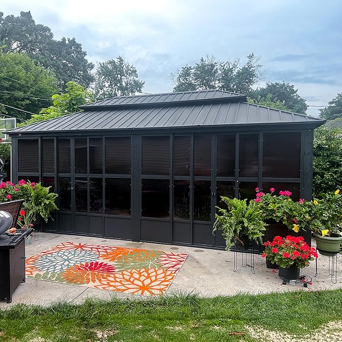 PURPLE LEAF 12' X 20' Sunroom with Light Permanent Hardtop Gazebo Solarium Galvanized Steel Double Roof Aluminum Outdoor Screen House for Patio Deck Backyard Grey