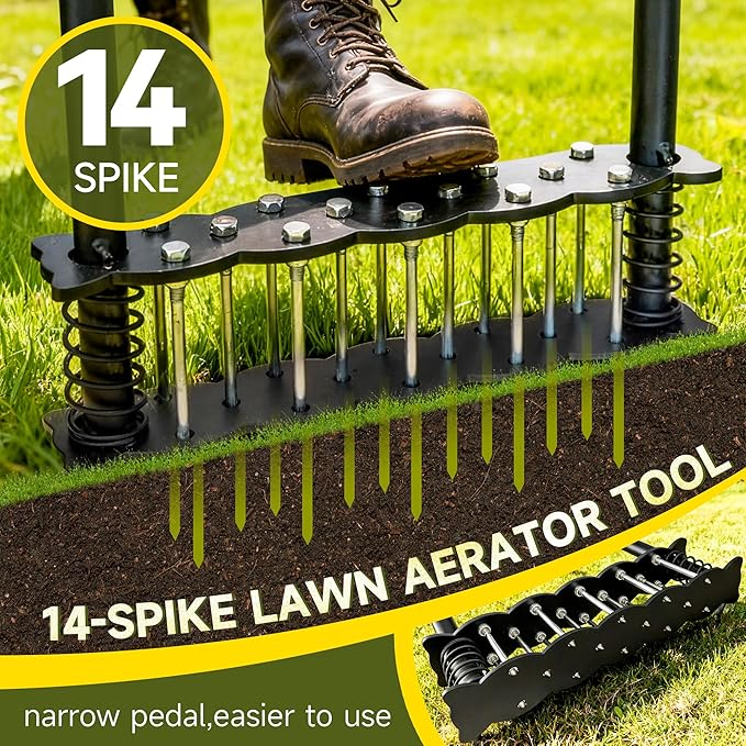 Upgraded Lawn Aerator Tool with 14 Steel Spikes, Hand Grass Aerator Spike Tool Manual Lawn Aerators with Spring-Loaded Design&Automatic Leaf and Dirt Cleaning for Yard, Garden Black