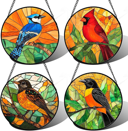 Stained Glass Window Hanging 4 Pcs Set Birds 7.8" - Cardinal Blue Jay Suncatcher Door Garden Sun Catcher Decor Birthday Christmas for Bird Lovers Mom Woman Nana Men