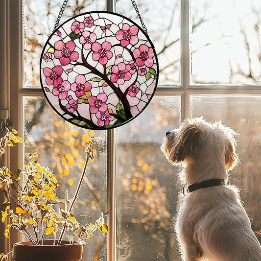Stained Glass Window Hanging - Cherry Blossoms Birth Flower Suncatcher for Door Garden Patio Sun Catchers Decor Christmas Mother's Day Birthday Gifts for Women Mom Nana Friend Wife 7.8 in
