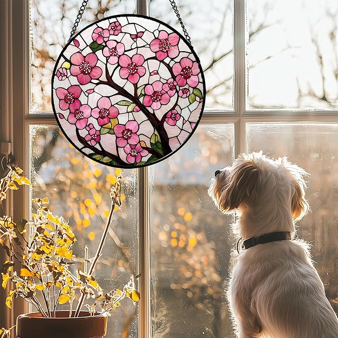 Stained Glass Window Hanging - Cherry Blossoms Birth Flower Suncatcher for Door Garden Patio Sun Catchers Decor Christmas Mother's Day Birthday Gifts for Women Mom Nana Friend Wife 6.3 in