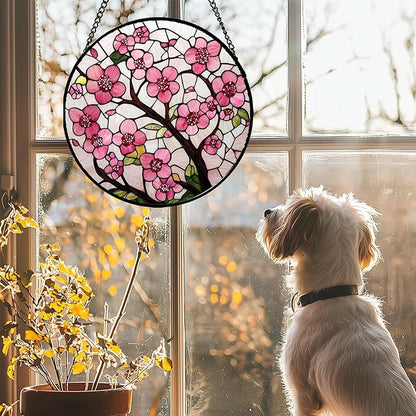 Stained Glass Window Hanging - Cherry Blossoms Birth Flower Suncatcher for Door Garden Patio Sun Catchers Decor Christmas Mother's Day Birthday Gifts for Women Mom Nana Friend Wife 6.3 in