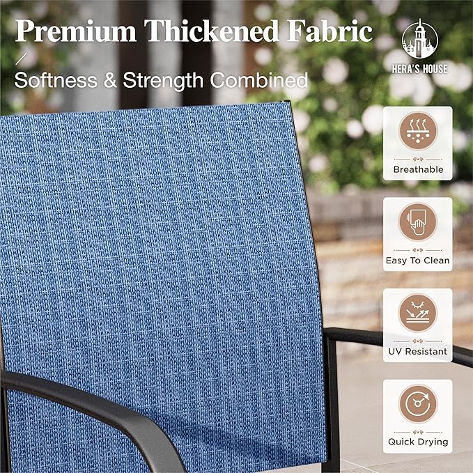HERA'S HOUSE Patio Dining Chairs Set of 4, 36" Textilene Fabric Outdoor Chair with Wrought Iron Metal Frame Support 350lbs for Garden Lawn Backyard Kitchen Deck, Blue