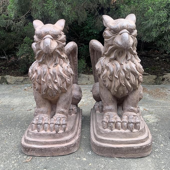 Zaer Ltd. Set of 2 Garden Griffin Statues, Magnesium-Cement Sculptures, 28.3" H Outdoor Entrance Decor (Antique Rust)