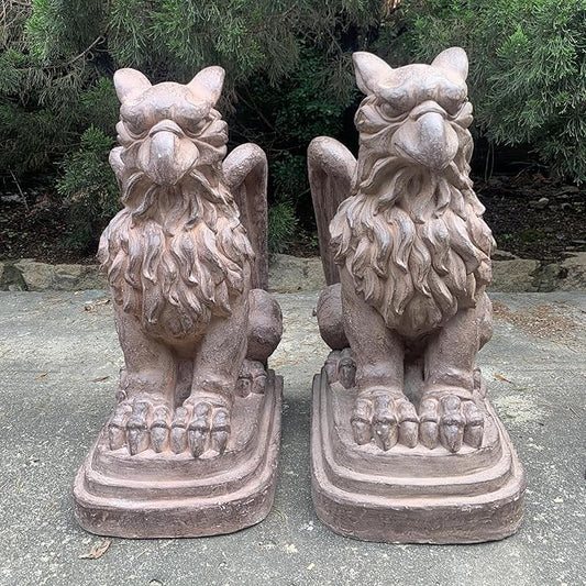 Zaer Ltd. Set of 2 Garden Griffin Statues, Magnesium-Cement Sculptures, 28.3" H Outdoor Entrance Decor (Antique Rust)