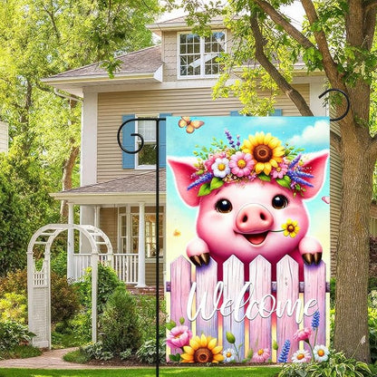 Spring Welcome Garden Flag 12x18 Inches Double Sided Cute Pig Yard Flags Colorful Floral Butterfly Sunflower Crown Fence for Outside Decor Home Farmhouse Holiday Summer Decorations