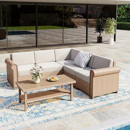 Patio Furniture Set, 6 Piece Outdoor Rattan Wicker Sectional Conversation Set with 5.5" Thick Waterproof Cushions and Coffee Table for Deck Backyard