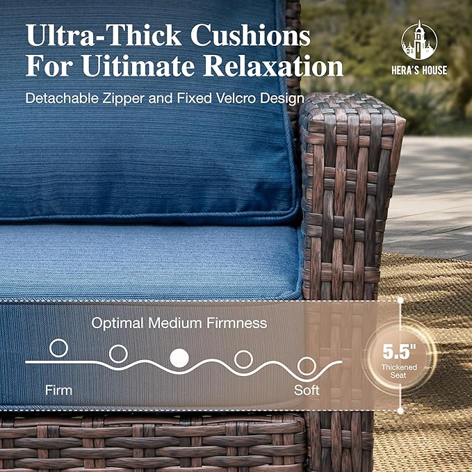 HERA'S HOUSE Patio Furniture Set, 4 x High Back Swivel Chairs with 5.5" Comfy Cushions, 6 Pieces Outdoor Wicker Conversation Set for Lawn Deck Backyard, Navy Blue