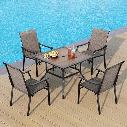 PHI VILLA 5 pcs Patio Dining Table and Chairs,Textilene Dining Chairs Sturdy and Durable and Square Metal Table with Wooden Table Top,Black Frame with E-Coating for Lawn,Garden