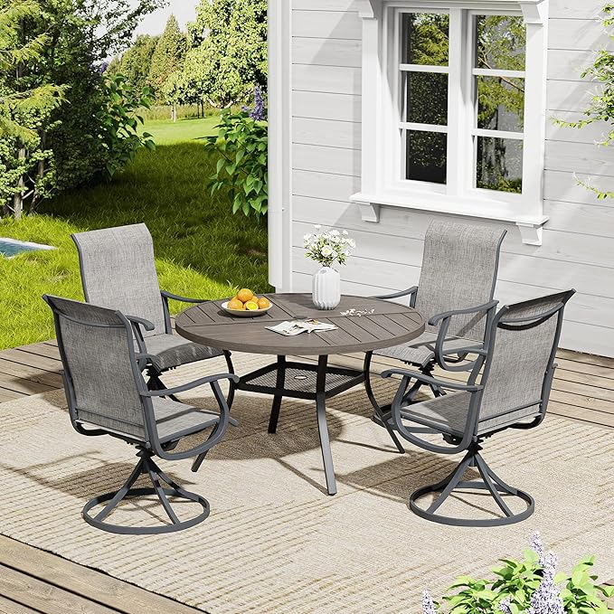VICLLAX 5 Pieces Outdoor Dining Set, Patio Furniture Set of 4 Patio Swivel Dining Chairs and 40.6" Patio Spliced Round Tabletop with Storage Shelf, Grey Chairs & Antique Grey Tabletop