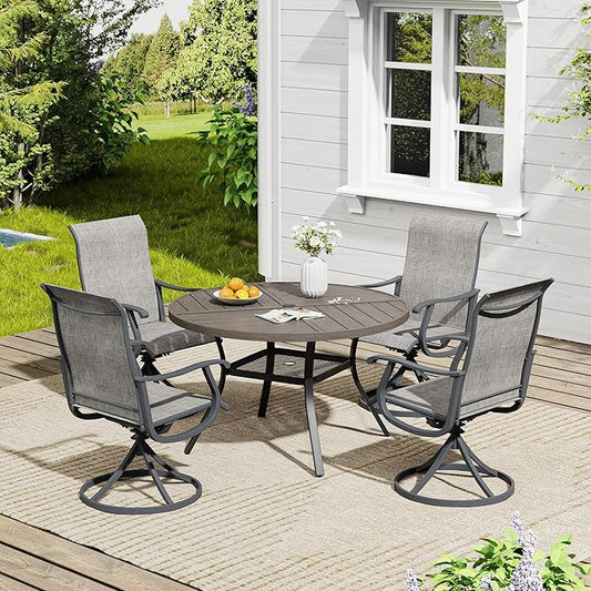 VICLLAX 5 Pieces Outdoor Dining Set, Patio Furniture Set of 4 Patio Swivel Dining Chairs and 40.6" Patio Spliced Round Tabletop with Storage Shelf, Grey Chairs & Antique Grey Tabletop