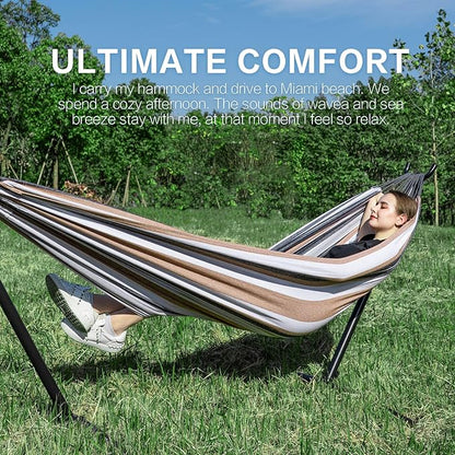 PNAEUT Double Hammocks with Stand for Outside, Portable Space Saving Heavy-Duty Steel Stand for Indoor Outdoor Patio with Carrying Bag, 450 lbs Capacity (Coffee)
