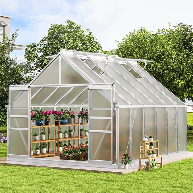 DWVO 10x12FT Polycarbonate Greenhouse Heavy Duty Green Houses Outdoor Aluminum Greenhouses with Sliding Doors Vent Window Premium Walk-in Greenhouse Large Sun House for Garden Backyard, Silver