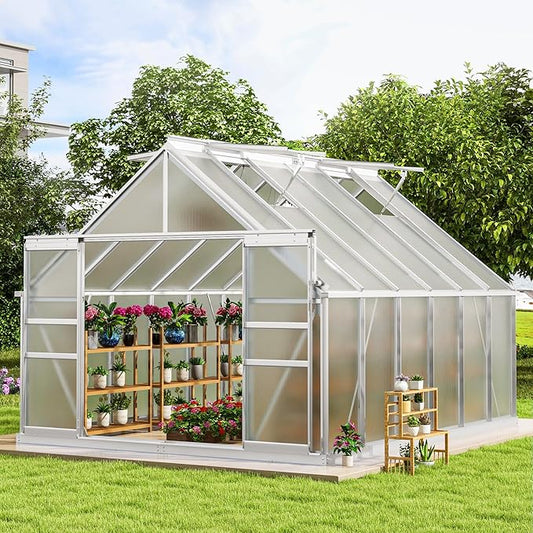 DWVO 10x12FT Polycarbonate Greenhouse Heavy Duty Green Houses Outdoor Aluminum Greenhouses with Sliding Doors Vent Window Premium Walk-in Greenhouse Large Sun House for Garden Backyard, Silver