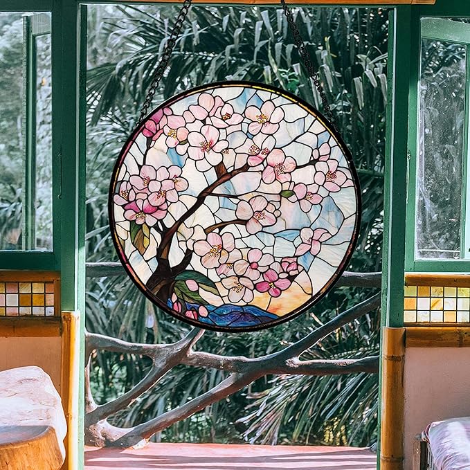 Stained Glass Window Hanging - Cherry Blossoms Suncatcher for Door Garden Home Decor Pink Flowers Sun Catcher Christmas Birthday for Friend Lovers Women Mom Nana 7.8 in