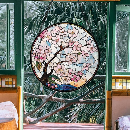 Stained Glass Window Hanging - Cherry Blossoms Suncatcher for Door Garden Home Decor Pink Flowers Sun Catcher Christmas Birthday for Friend Lovers Women Mom Nana 7.8 in