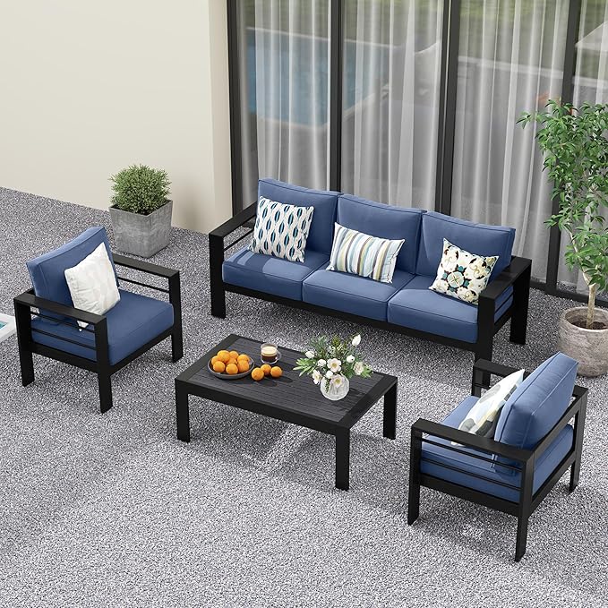 Solaste Aluminum Patio Furniture Set, 5 Seats Modern Outdoor Conversation Set Sectional Sofa with Upgrade Cushion and Coffee Table,Black Frame and Blue Cushion