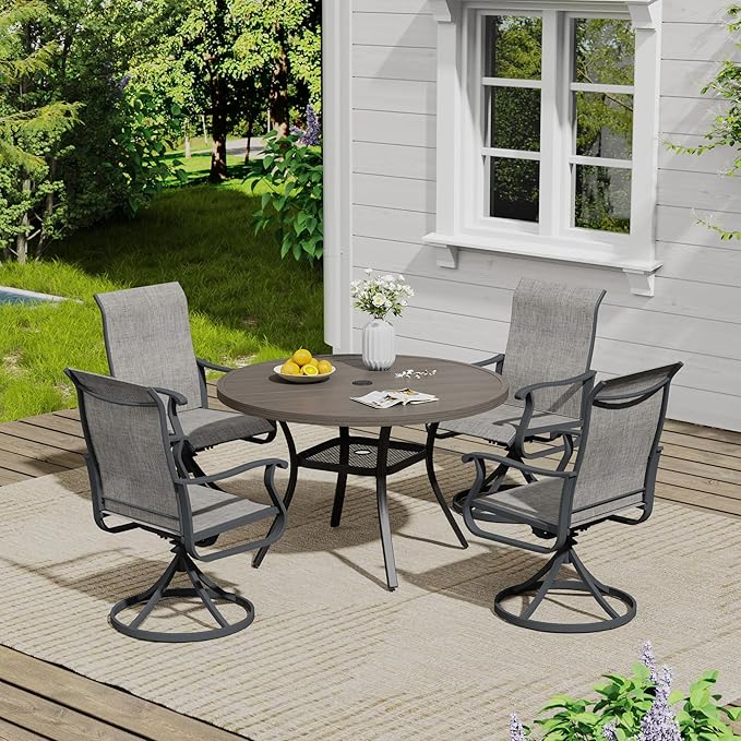 VICLLAX Outdoor Patio Round Dining Table, 47"x 47" Metal Slatted Round Tabletop with Adjustable Umbrella Hole for Deck Lawn Garden Backyard, Antique Grey