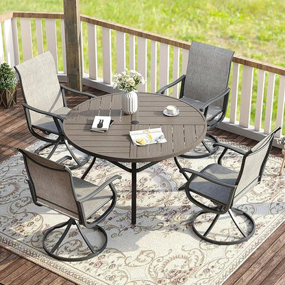 VICLLAX 5 Pieces Patio Dining Set for 4, Outdoor Furniture Set Includes 40.6" Square Outdoor Table and 4 Patio Swivel Chairs for Lawn Garden, Grey Wood Grain Tabletop and Grey Fabric