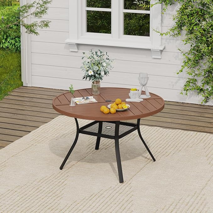 VICLLAX 5 Pieces Outdoor Dining Set, Patio Furniture Set of 4 Patio Swivel Dining Chairs and 40.6" Patio Spliced Round Tabletop with Storage Shelf, Dark Charcoal Chairs & Walnut Tabletop