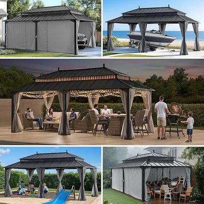 SUNJOY Kingston 20' x 12' Hardtop Gazebo with Galvanized Steel Double Roof, Curtain and Netting, Gray Aluminum Posts Permanent Pavilion Gazebo for Garden, Patio, Deck, Lawn
