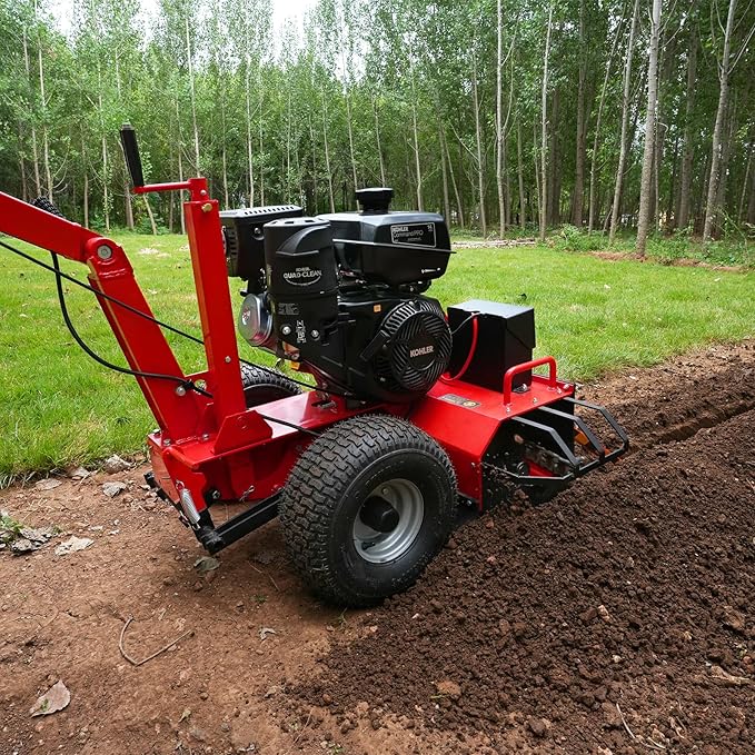 429cc 14HP Kohler Gas Powered E-Start Cable Ditching Mini Trencher,24'' Trench Depth, 27pcs Carbide Alloy High-Pressure Teeths,TCR1500 (Red)