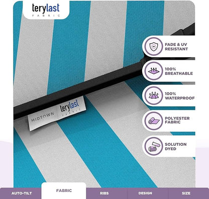 Midtown Umbrellas The Lean 10 Feet Outdoor Umbrella With Terylast Cobalt Stripes (Blue/White Stripes) Polyester Fabric - Auto-Tilt Aluminum Frame Patio Umbrella For Deck, Garden, Pool - Black Pole