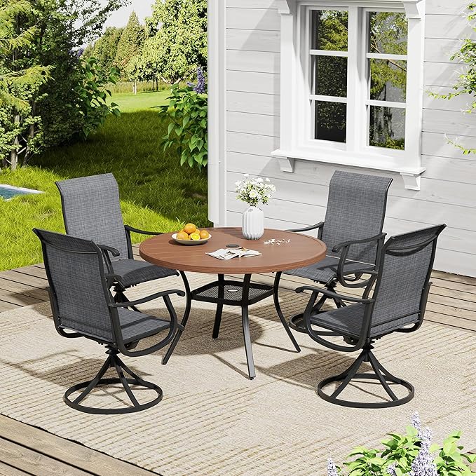 VICLLAX 5 Pieces Outdoor Dining Set, Patio Furniture Set of 4 Patio Swivel Dining Chairs and 41" Patio Round Table with Storage Shelf, Dark Charcoal Chairs & Walnut Tabletop