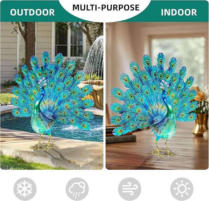 27.5in Tall Metal Peacock Garden Statue - Handmade, 3D Textured, Tail Spread Sculptures for Patio, Garden or Entryway.