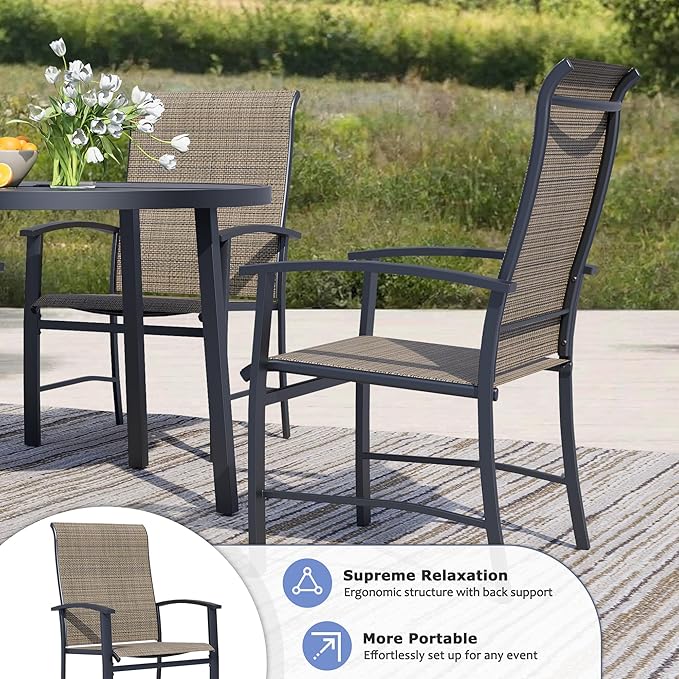 Outdoor Dining Chairs Set of 6, Stackable Patio Chairs with Metal Frame & Textilene Fabric, Perfect for Patio Garden Deck, Mocha