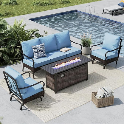 MFSTUDIO 4 Pieces Outdoor Patio Furniture Set, Metal Outdoor Conversation Set, Rattan Wicker Patio Sectional Set with 2 x Rocking Single Sofa, 3-Seat Sofa, 1 x Fire Pit Table, Blue
