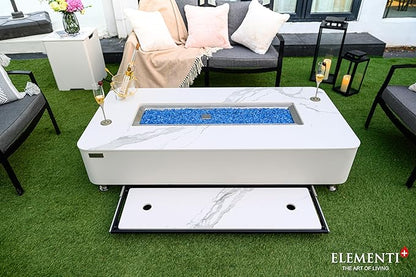 Elementi+ | Bundle Athens Gas Fire Pit | Concrete Body & Marble Porcelain Top | 62" Rectangular Fire Table | Electronic Ignition | Canvas Cover, Fire Glass, Burner Lid & More | White | Propane Gas