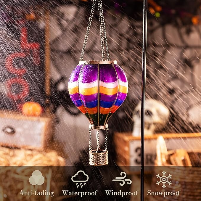 TERESA'S COLLECTIONS Hot Air Balloon Solar Lantern for Halloween Garden Decor, Flickering Flame Hanging Solar Light for Outdoor Yard Tree Porch Lamp Decorations Outside, Gift for Halloween Party