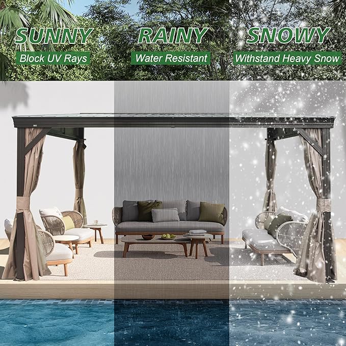 10’ x 12’ Lean to Gazebo, Outdoor Wall Mounted Gazebo Aluminum Frame, Hardtop Pergola with Galvanized Steel Sloping Roof for Patio Deck Garden Backyard, Curtain and Netting Included
