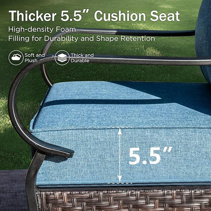 PHI VILLA Outdoor Modern Patio Furniture Set, Upgraded Wicker&Metal Patio Furniture Conversation Set with Waterproof Thick Cushions for Porch, Poolside, Deck, and Yard (5 Pieces,Navy)