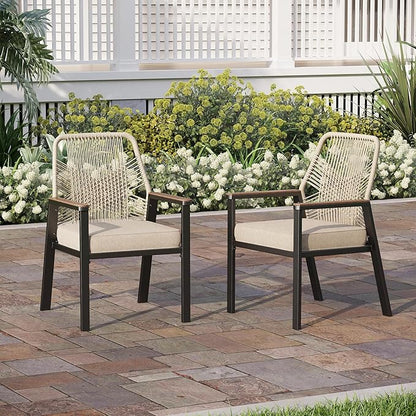 Patio Wicker Chair Sets of 2, Outdoor Dining Chairs with 3.1 inch Seat Cushions, Sturdy Metal Frame & Wood Grain Armrest, Beige