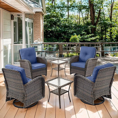 Outdoor Swivel Glider Rocker Chairs Set of 4 - Wicker Patio Furniture Set All Weather Patio Conversatio Sets with 2 Tempered Glass Side Table for Deck Backyard - Brown Wicker Blue Cushion