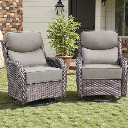 Rilyson Outdoor Patio Swivel Rocker Chairs Set of 2, Waterproof Wicker, High Back, Deep Seating, Wide Armrest, Upgraded 6 inch Thick Cushions, Ideal for Deck Porch Backyard, Brown/Beige