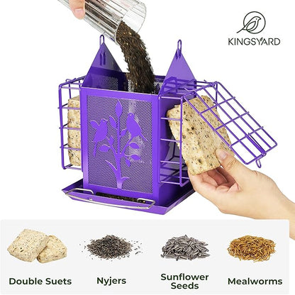 Kingsyard Metal Bird Feeder for Outdoor Hanging, Wild Bird Feeder with Double Suet Cage, Weatherproof Roof and 3 lbs Large Seed Capacity, Purple