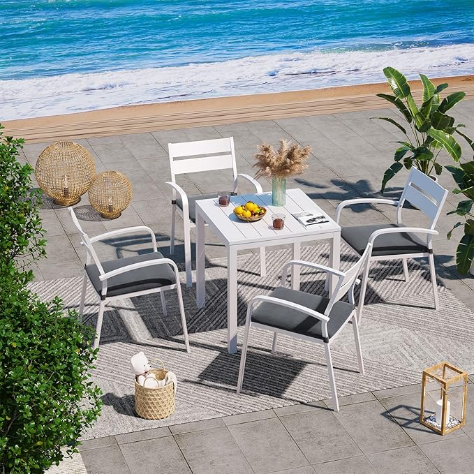 Soleil Jardin Outdoor Aluminum 4-Piece Patio Dining Chairs with Cushions, Stackable Bistro Chairs for Balcony, Garden, Backyard, White Finish & Grey Cushion