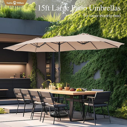 Sophia & William 15 ft Extra Large Patio Umbrella with Base Included, Rectangular Outdoor Umbrella Heavy Duty, Market Umbrella Double-sided Fade Resistant for Pool Garden Backyard, Beige