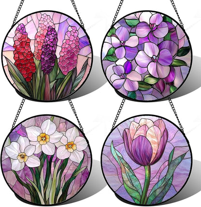 Stained Glass Window Hanging 4 Pcs Set Purple Flower Theme Large 15" - Tulip Suncatcher Door Garden Sun Catcher Decor Birthday Christmas for Plant Lovers Woman Nana Men