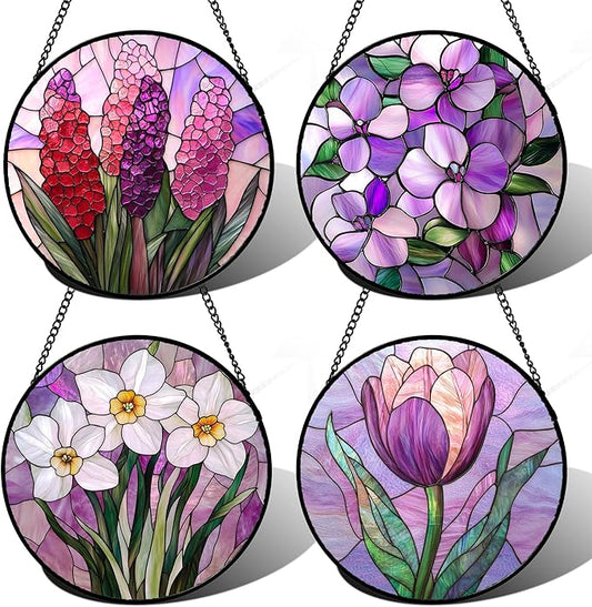 Stained Glass Window Hanging 4 Pcs Set Purple Flower Theme 9.8" - Tulip Suncatcher Door Garden Sun Catcher Decor Birthday Christmas for Plant Lovers Woman Nana Men