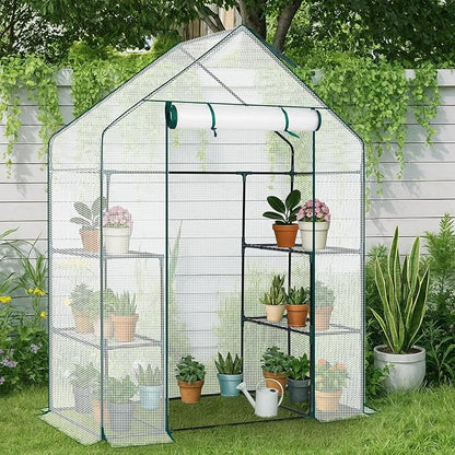 Outvita Walk-in Greenhouse, Outdoor Durable PE Plant Green House for Frost Protection with 3 Tiers 4 Shelves, Shelf Clips, Roll-up Zipper Door, 56"x29"x77" White