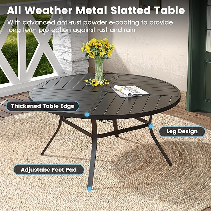 DIFY 9 Pieces Outdoor Patio Dining Set, 8 Brown Textilene Swivel Dining Chairs and 59.8" Black Round Metal Dining Table, Outdoor Table and Chairs