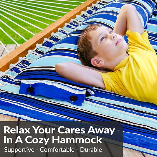 Sunnydaze Double Quilted Fabric Hammock with Universal Steel Stand - 450-Pound Capacity - Black Stand - Catalina Beach