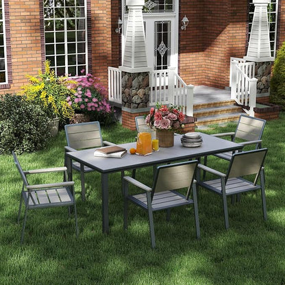 7-Piece Patio Dining Set with 11 FT Curvy Cantilever Umbrella, HDPE Tabletop & Aluminum Frame All-Weather Outdoor Furniture for Garden, Backyard, Poolside, Gray