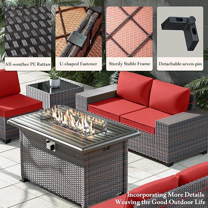 Outdoor Patio Furniture Set with Propane Fire Pit Table, 13 Pieces Outdoor Furniture Patio Sectional Sofa Conversation Sets w/ETL Approved 43" Gas Outdoor Fire Table & Coffee Table Red.