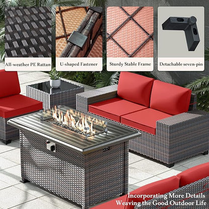 Outdoor Patio Furniture Set with Propane Fire Pit Table, 13 Pieces Outdoor Furniture Patio Sectional Sofa Conversation Sets w/ETL Approved 43" Gas Outdoor Fire Table & Coffee Table Red.