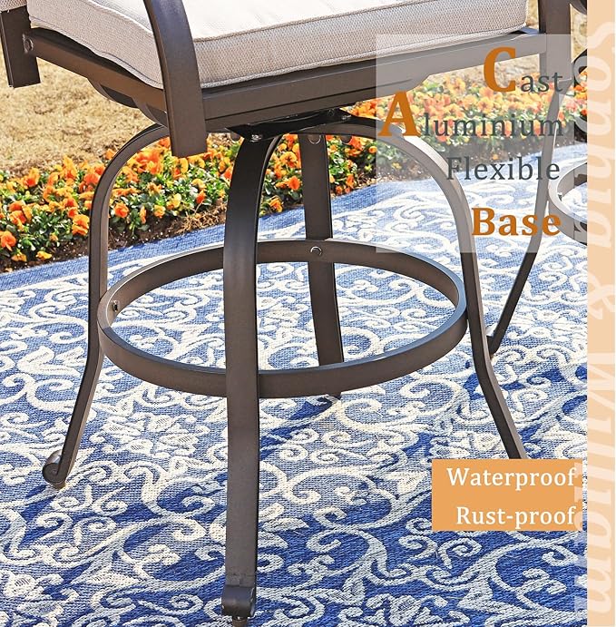 Sophia & William 3 Pieces Cast Aluminum Patio Bar Set, Round Outdoor Bar Table and 2 Swivel Bar Counter Height Chairs Set, Modern Patio Pub Bistro Set with Outdoor Stools